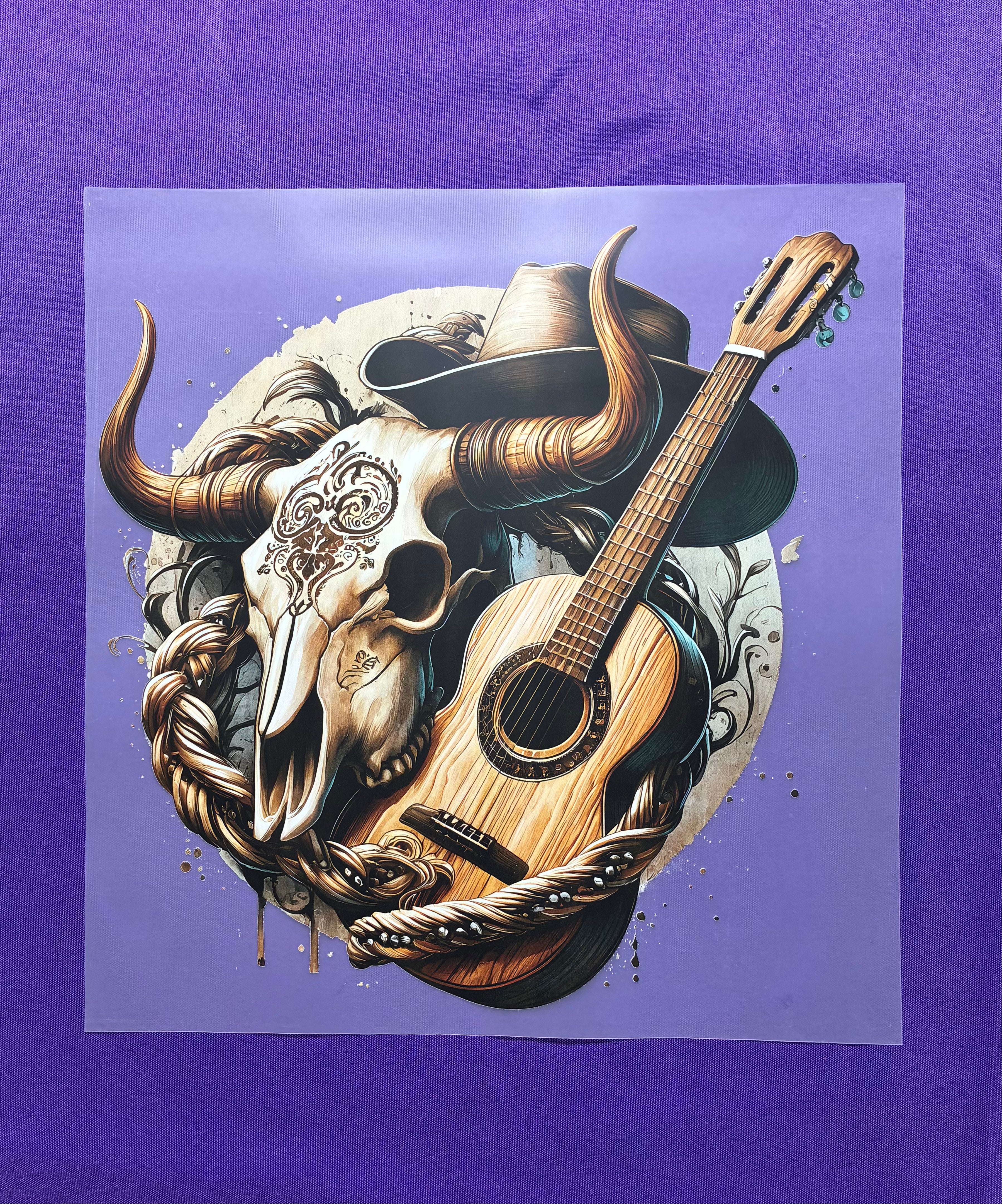 Cow Skull and Guitar Shirt Transfer
